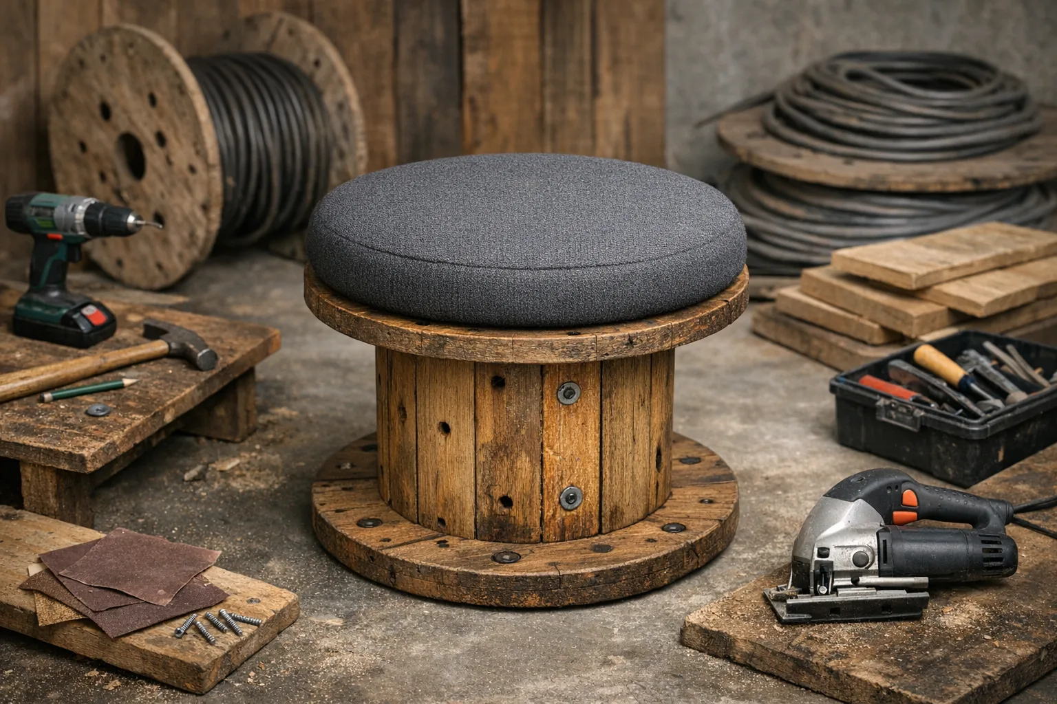 Kabeltrommel Hocker bauen: Einfaches Upcycling-Projekt