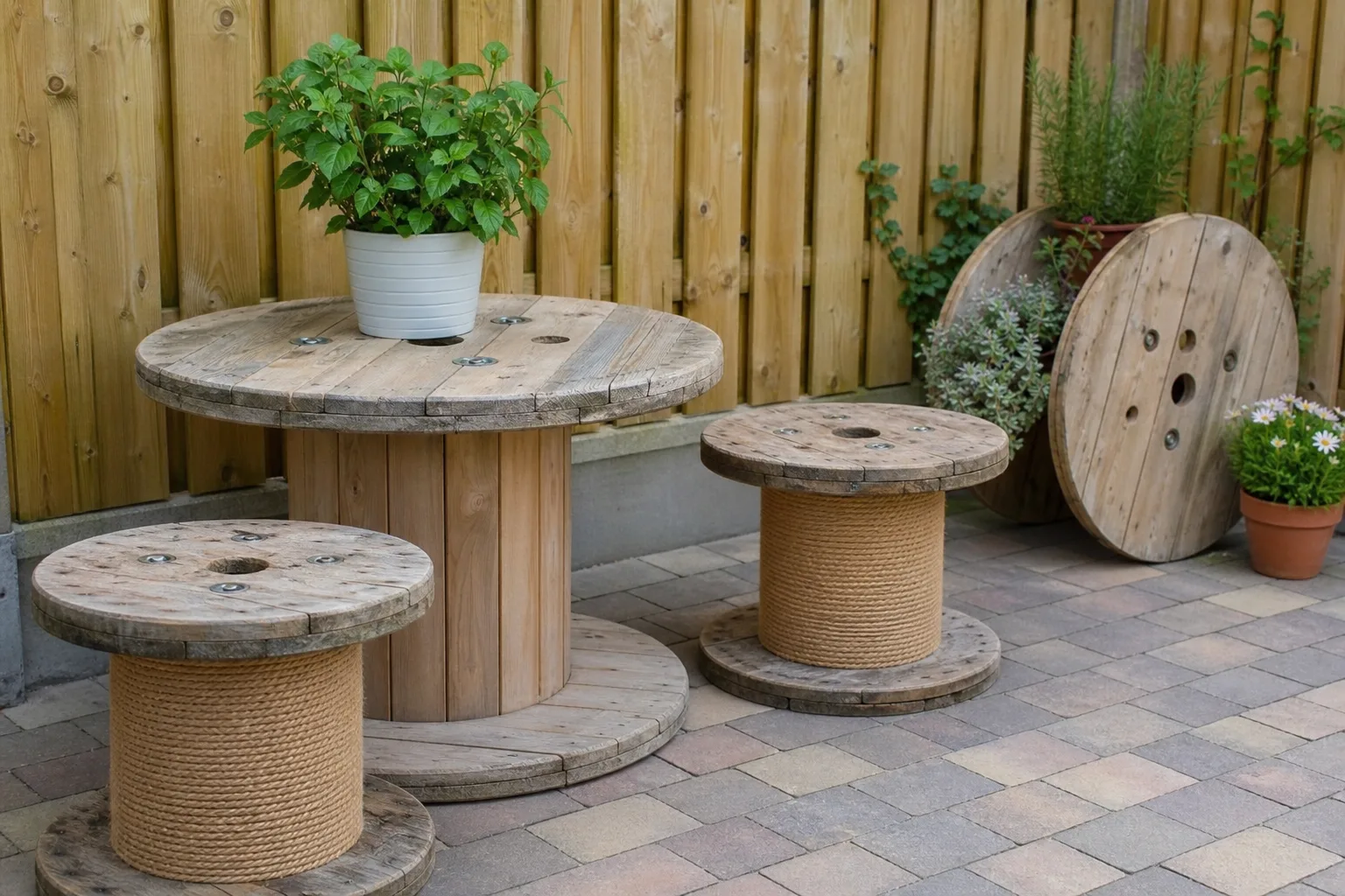 Kabeltrommel DIY fuer Garten und Balkon: Outdoor-Moebel & Pflanzideen